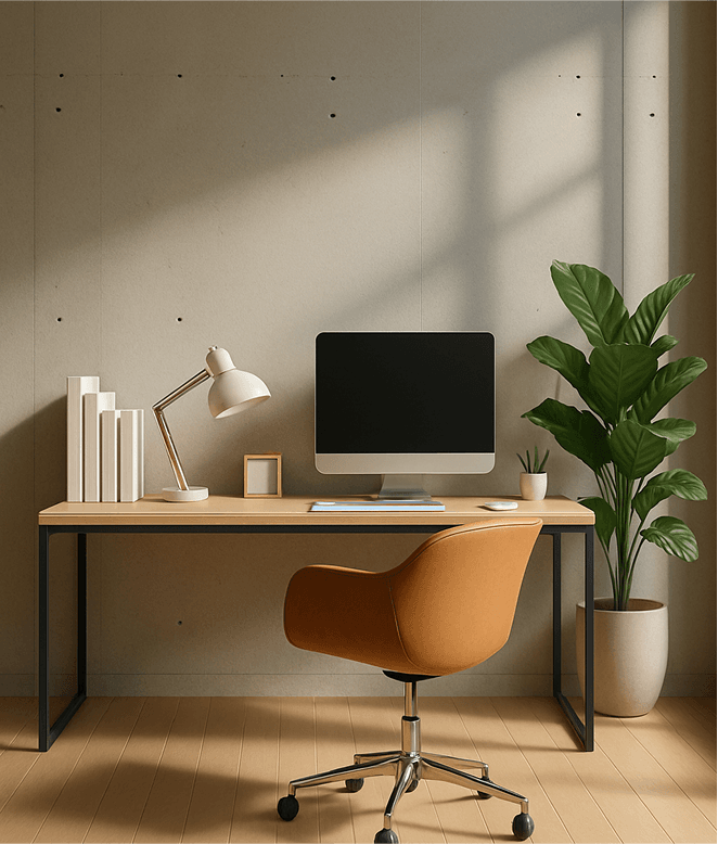 Modern office workspace with desk, chair, and plant